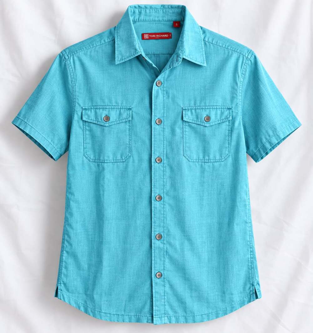 Tori Richard Turquoise Blue Short Sleeve Button-Up Shirt with Dual Pockets Size